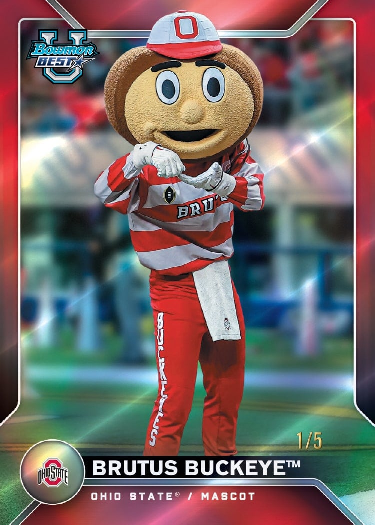 2026 Bowman University Best Football Brutus Buckeye Best of Mascots Red Refractor numbered 1/5