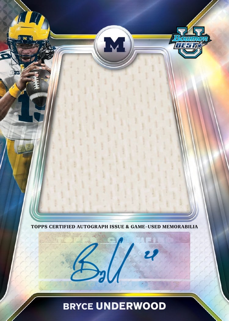 2026 Bowman University Best Football Bryce Underwood Prospect Relic Autographs with a game-used memorabilia piece