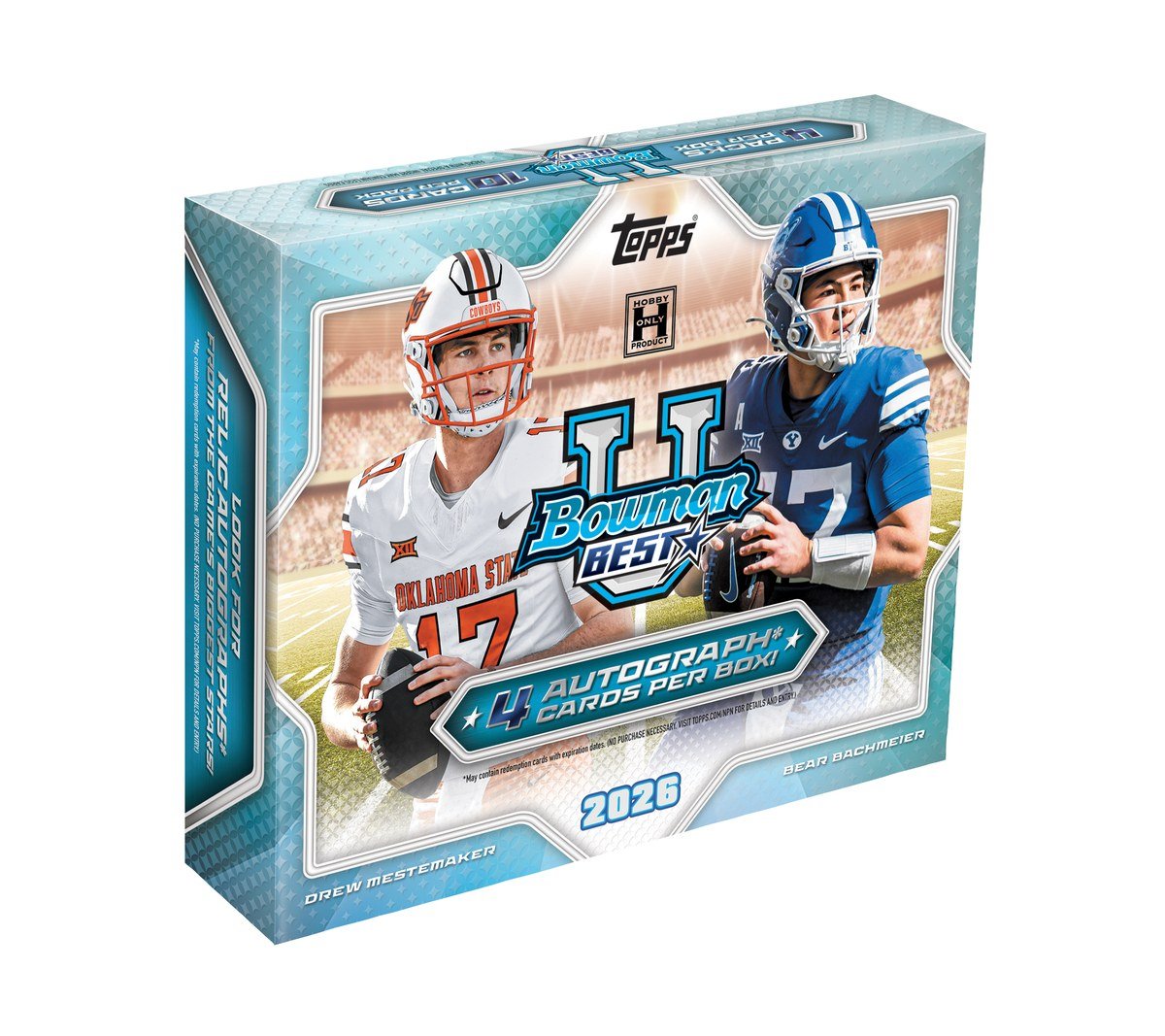 2026 Bowman University Best Football hobby box with Drew Mestemaker and Bear Bachmeier, 10 cards per pack, 4 packs per box, 4 autograph cards per box